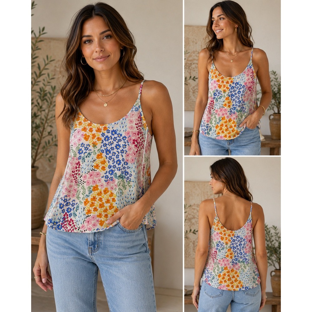 Johnny Was Camisole Tank Top Floral 100% Silk Boho Multi-Color Medium